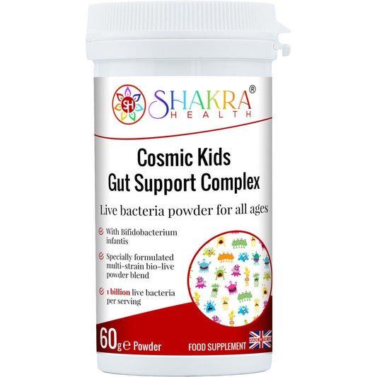 Buy Cosmic Kids Children's Multi-Strain Probiotic Powder | Gut Support Complex by Shakra Health UK - A child-specific probiotic supplement in tasteless powder form, suitable for babies and children of all ages. It is designed to support healthy levels of intestinal flora at all times, but particularly after a course of antibiotics or following a digestive upset or other illness. at Sacred Remedy Online