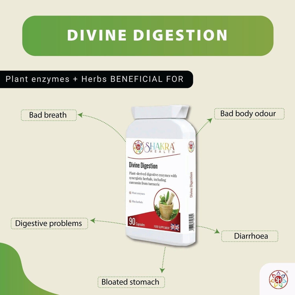 Buy Divine Digestion | Carminative, Anti-Spasmodic & Gut-Soothing. High-Strength Plant Digestive Enzymes - The digestive system is also linked to a large energy center known as the Solar Plexus chakra. This is a high-strength supplement which combines a broad spectrum range of plant-derived digestive enzymes with carminative, anti-spasmodic and gut-soothing herbs. at Sacred Remedy Online