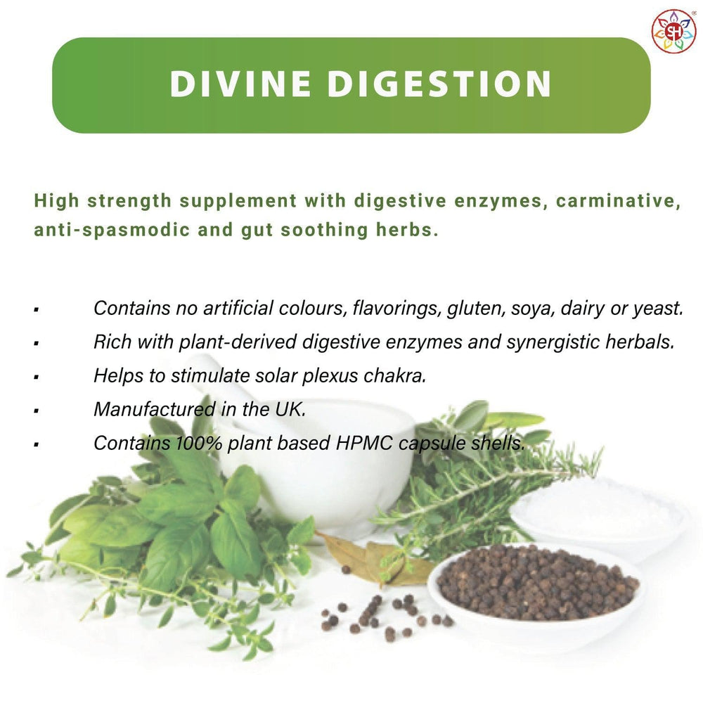 Buy Divine Digestion | Carminative, Anti-Spasmodic & Gut-Soothing. High-Strength Plant Digestive Enzymes - The digestive system is also linked to a large energy center known as the Solar Plexus chakra. This is a high-strength supplement which combines a broad spectrum range of plant-derived digestive enzymes with carminative, anti-spasmodic and gut-soothing herbs. at Sacred Remedy Online