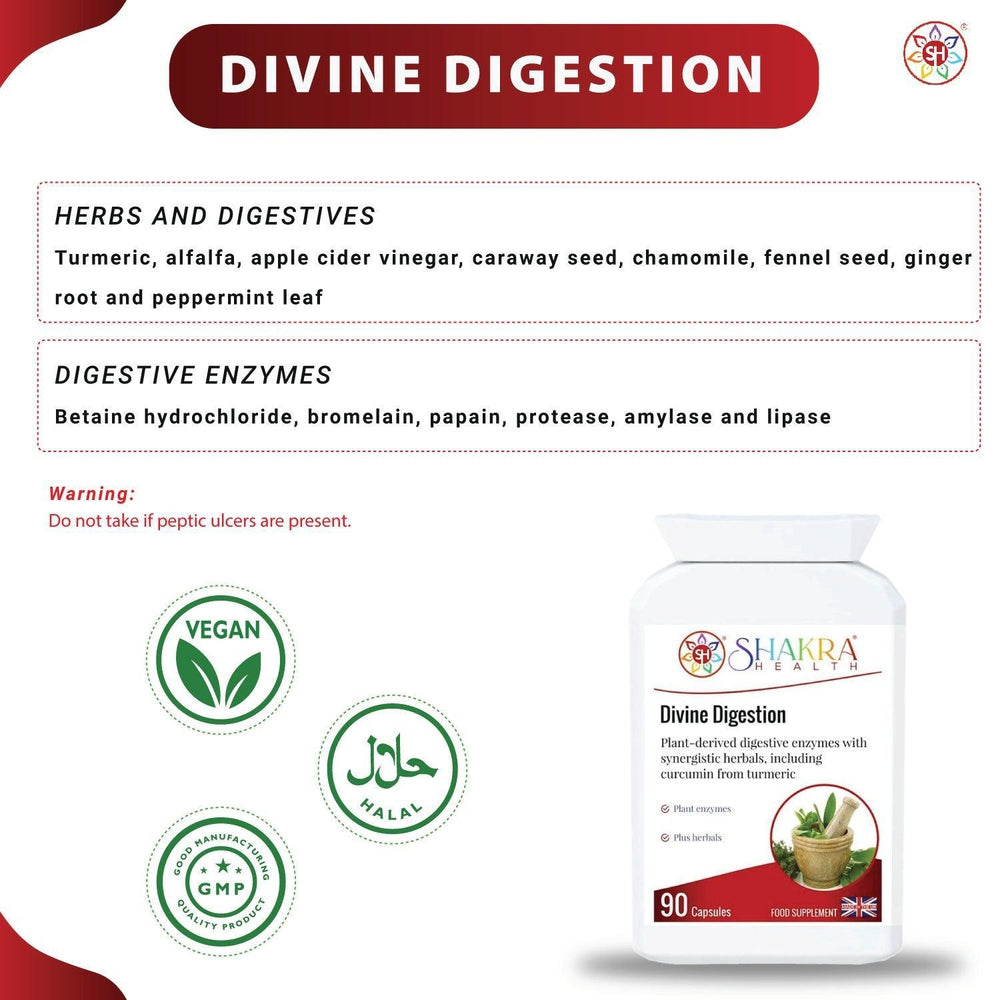 Buy Divine Digestion | Carminative, Anti-Spasmodic & Gut-Soothing. High-Strength Plant Digestive Enzymes - The digestive system is also linked to a large energy center known as the Solar Plexus chakra. This is a high-strength supplement which combines a broad spectrum range of plant-derived digestive enzymes with carminative, anti-spasmodic and gut-soothing herbs. at Sacred Remedy Online