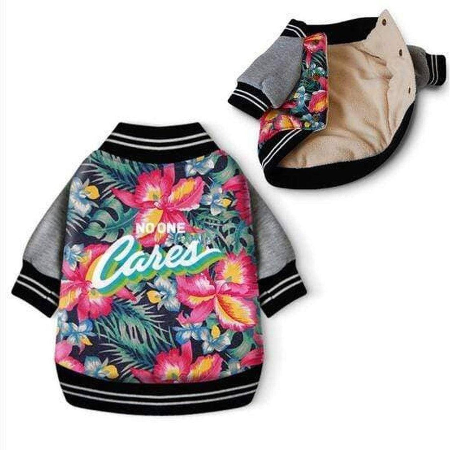 Floral Insulated Dog Jacket 'No one Cares' Slogan Hawaii pattern varsity style - Floral Insulated Dog Jacket 'No one Cares' Slogan Hawaii pattern varsity style. Keep your furry friend looking cool when it’s cold out this upcoming season with the Floral Dog Jacket. This fashionable jacket features a floral design across the back to make your pup stylish and warm when the cold weather comes. Buy Now at Sacred Remedy