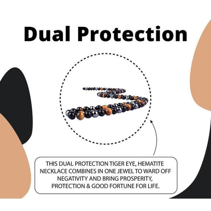 Dual Protection Tigers Eye, Hematite & Obsidian Necklace - A stunning 50cm long Handcrafted energy necklace. These stones are heavyweights in combating negative energies. Embrace protection and positive vibes with this captivating piece combining the powerful properties of three unique gemstones, making it a must-have for anyone seeking balance and a shield against negativity. Buy Now at Sacred Remedy