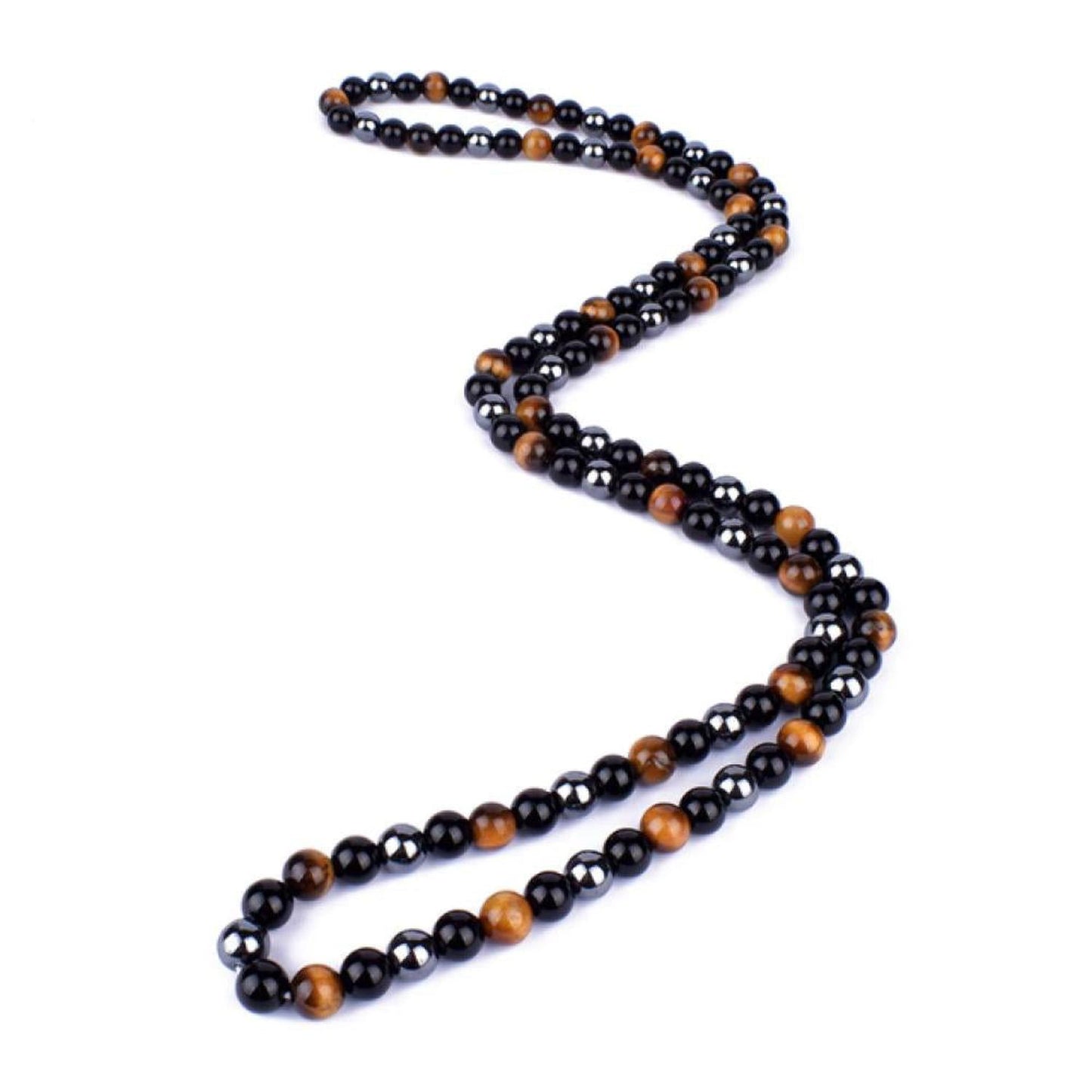 Dual Protection Tigers Eye, Hematite & Obsidian Necklace - A stunning 50cm long Handcrafted energy necklace. These stones are heavyweights in combating negative energies. Embrace protection and positive vibes with this captivating piece combining the powerful properties of three unique gemstones, making it a must-have for anyone seeking balance and a shield against negativity. Buy Now at Sacred Remedy