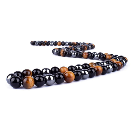 Buy Dual Protection Tigers Eye, Hematite & Obsidian Necklace - A stunning 50cm long Handcrafted energy necklace. These stones are heavyweights in combating negative energies. Embrace protection and positive vibes with this captivating piece combining the powerful properties of three unique gemstones, making it a must-have for anyone seeking balance and a shield against negativity. at Sacred Remedy Online