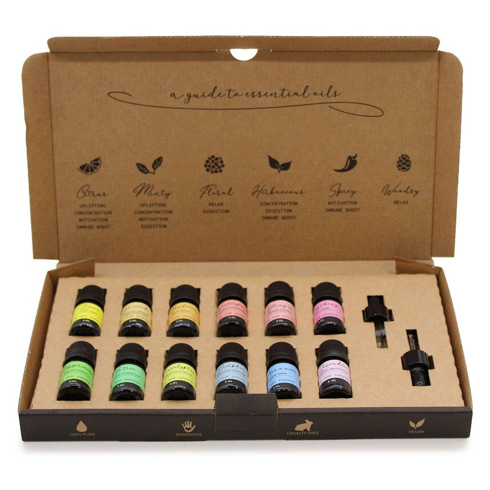 Buy Aromatherapy 12 Essential Oil Set [Starter Pack] with Dropper - Discover the power of aromatherapy with our essential oil starter set. This carefully curated collection features a variety of pure essential oils for relaxation, stress relief, and mood enhancement. Perfect for beginners, our kit includes a diffuser and guide to help you create a serene atmosphere. Experience the transformative benefits of aromatherapy today. at Sacred Remedy Online