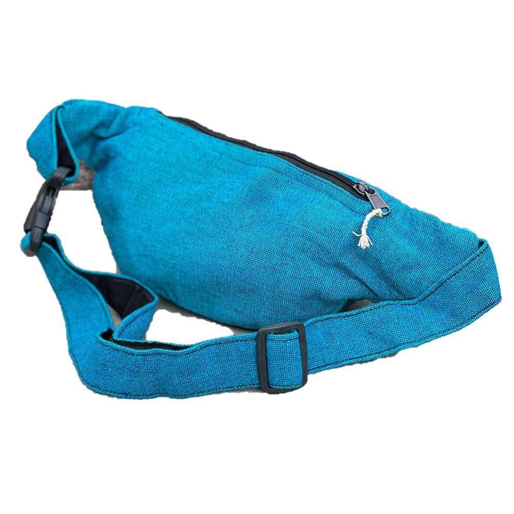 Buy Eco-Friendly Boho Hippie Style Hemp Fanny Pack Hip Waist Bag: Turquoise Blue - Made in Nepal from high-quality, sustainable hemp fabric, our fanny packs are not only durable but also environmentally friendly. Perfect for all your essentials – phone, wallet, keys, passport, etc. Great gift for your loved ones who enjoy activities like travelling, walking, running, hiking, biking, camping etc. at Sacred Remedy Online