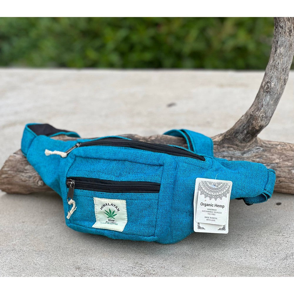 Buy Eco-Friendly Boho Hippie Style Hemp Fanny Pack Hip Waist Bag: Turquoise Blue - Made in Nepal from high-quality, sustainable hemp fabric, our fanny packs are not only durable but also environmentally friendly. Perfect for all your essentials – phone, wallet, keys, passport, etc. Great gift for your loved ones who enjoy activities like travelling, walking, running, hiking, biking, camping etc. at Sacred Remedy Online