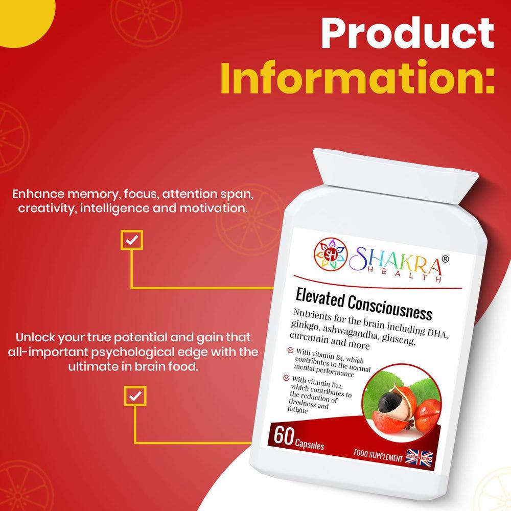 Buy Elevated Consciousness | Natural Nootropic & Brain Food Supplement by Shakra Health UK - A super-concentrated, powerful food supplement for the brain - a natural nootropic and nutritional cognitive enhancer. And more!

It contains a special combination of vitamin and mineral ingredients that support focus, concentration, mental performance, memory recall and energy levels. at Sacred Remedy Online