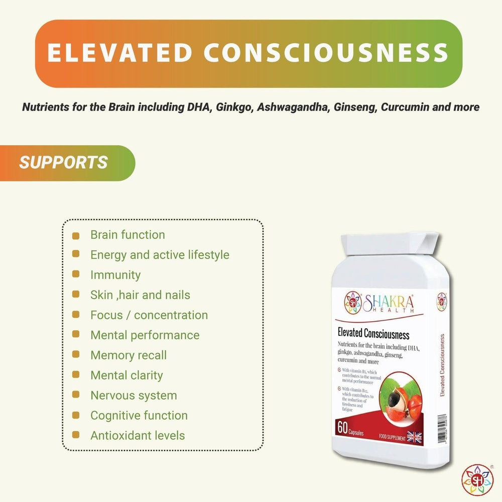 Buy Elevated Consciousness | Natural Nootropic & Brain Food Supplement by Shakra Health UK - A super-concentrated, powerful food supplement for the brain - a natural nootropic and nutritional cognitive enhancer. And more!

It contains a special combination of vitamin and mineral ingredients that support focus, concentration, mental performance, memory recall and energy levels. at Sacred Remedy Online