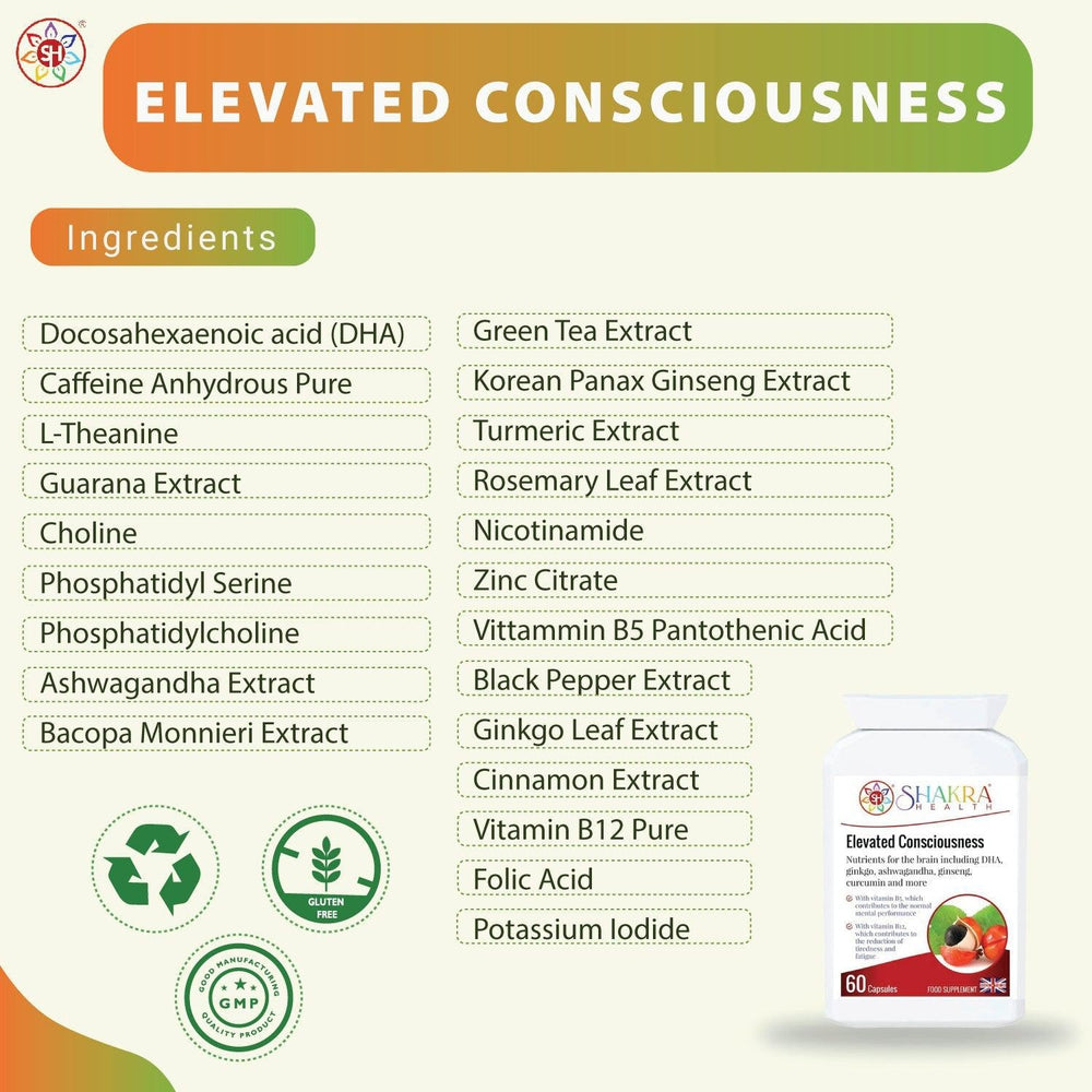 Buy Elevated Consciousness | Natural Nootropic & Brain Food Supplement by Shakra Health UK - A super-concentrated, powerful food supplement for the brain - a natural nootropic and nutritional cognitive enhancer. And more!

It contains a special combination of vitamin and mineral ingredients that support focus, concentration, mental performance, memory recall and energy levels. at Sacred Remedy Online