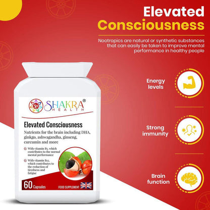 Elevated Consciousness | Natural Nootropic & Brain Food Supplement by Shakra Health UK - A super-concentrated, powerful food supplement for the brain - a natural nootropic and nutritional cognitive enhancer. And more! It contains a special combination of vitamin and mineral ingredients that support focus, concentration, mental performance, memory recall and energy levels. Buy Now at Sacred Remedy