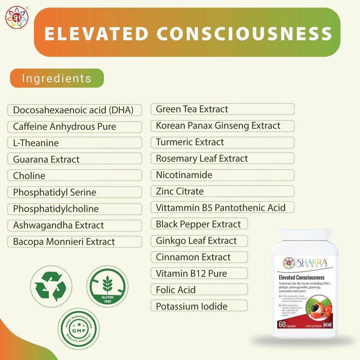 Elevated Consciousness | Natural Nootropic & Brain Food Supplement by Shakra Health UK - A super-concentrated, powerful food supplement for the brain - a natural nootropic and nutritional cognitive enhancer. And more! It contains a special combination of vitamin and mineral ingredients that support focus, concentration, mental performance, memory recall and energy levels. Buy Now at Sacred Remedy
