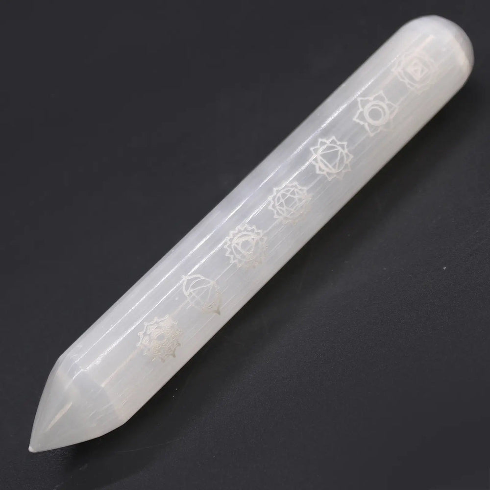 Buy Engraved Selenite Wand Reiki, Feng Shui, Crystal Healing & Meditation - Wand: used to cleanse the aura, move stagnant energy, and encourage flow Keep a selenite wand by the front door to cleanse energy as you walk in. Use selenite at Sacred Remedy Online