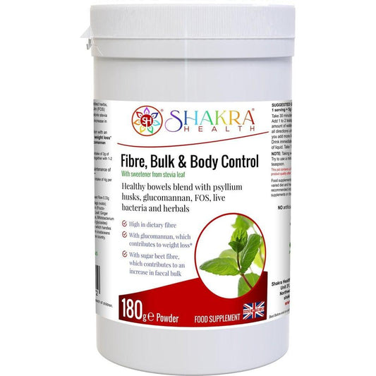 Buy Fibre, Bulk & Body Control | Combination High-Fibre Bowel Cleanser & Weight Loss Blend - An all-in-one dietary fibre based colon cleanser, detoxification and weight loss supplement in a tasty, easy-to-take powder form - a natural solution for constipation, body waste cleansing and shape-up support with a special combination of psyllium husks, L-Glutamine, prebiotics, probiotics, gut-soothing herbs and stev at Sacred Remedy Online