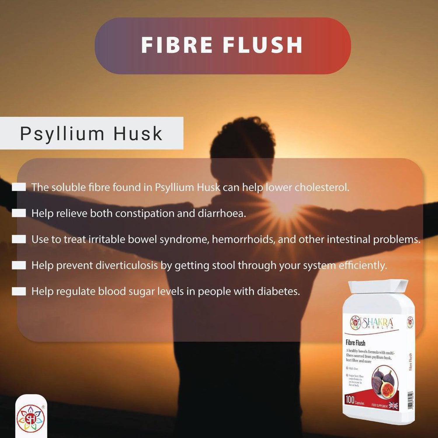 Fibre Flush | Soluble & Insoluble Multi-Fibre for Faecal Bulk & Regularity - Gentle, natural psyllium husk capsules to support digestion, relieve constipation, lower cholesterol, and balance your gut microbiome. Get your Fibre Flush today! Buy Now at Sacred Remedy