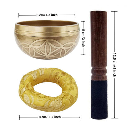 Tibetan Singing Bowl Set | Meditation & Sound Healing - Shop this hand-hammered Tibetan Singing Bowl Set. Features the Flower of Life symbol for meditation. Perfect for stress reduction, sound healing, and yoga. Buy Now at Sacred Remedy