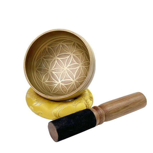 Unique Flower of Life Design, Brass 3.3" Singing Bowl - Experience the genuine resonance of a Himalayan metal, hand-hammered singing bowl, crafted using traditional techniques passed down through generations in Nepal Buy Now at Sacred Remedy