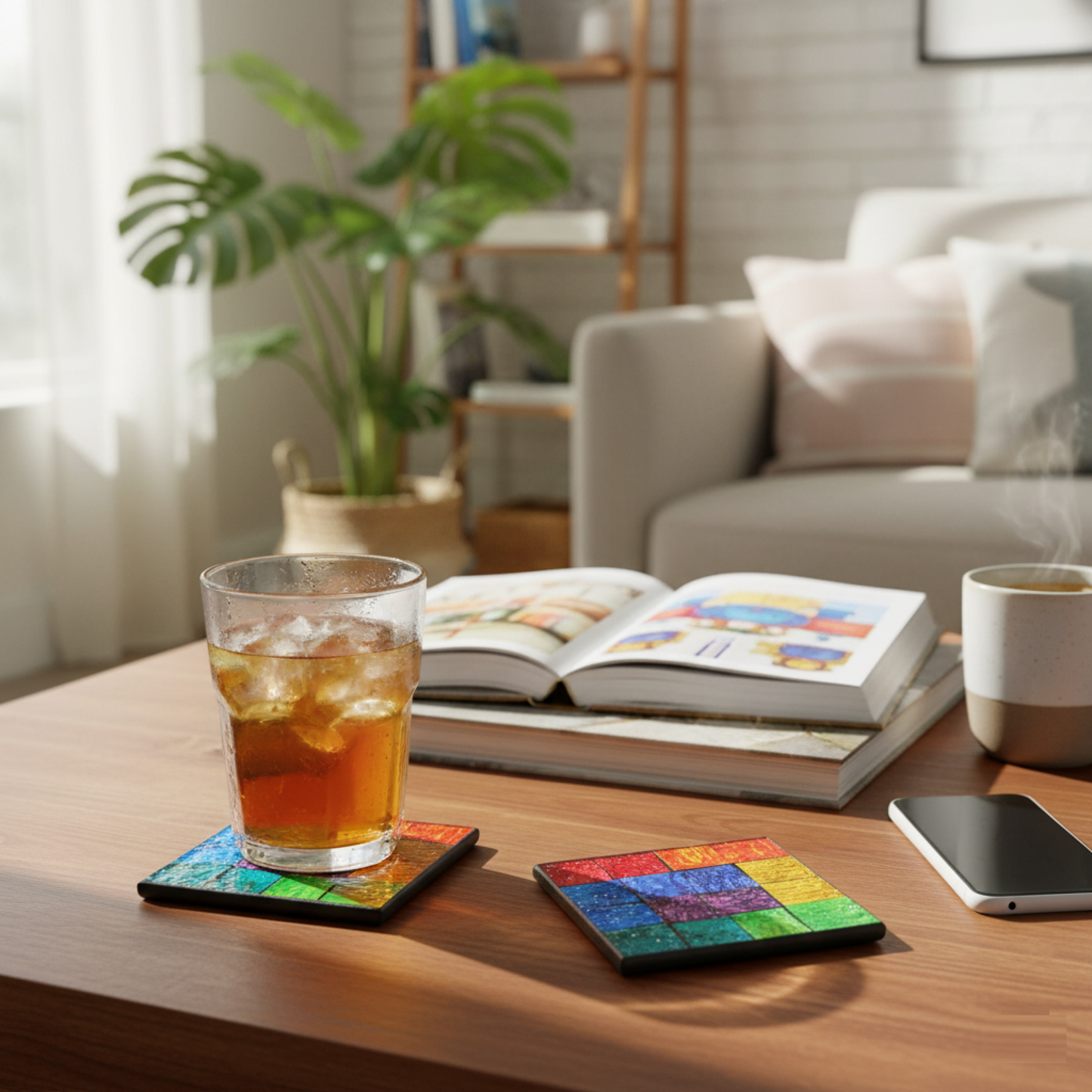Rainbow Radiance Glass Mosaic Coasters - 4 Pack - Brighten your home and add a playful pop of color while protecting your surfaces. Handmade. Supports Indonesian women artisans and communities. Buy Now at Sacred Remedy