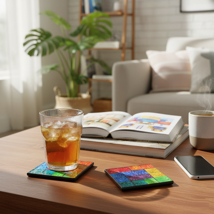 Rainbow Mosaic Coasters Set | Fair Trade Handcrafted Set of 4 - Protect your furniture in style! Shop our set of 4 vibrant, fair trade Rainbow Radiance Mosaic Coasters. Handcrafted, unique, and perfect for adding ethical flair to your home. Buy Now at Sacred Remedy