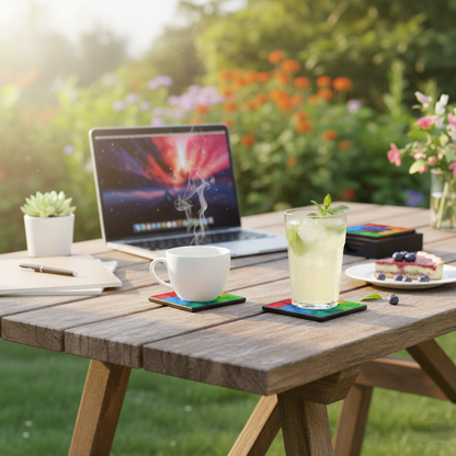 Rainbow Mosaic Coasters Set | Fair Trade Handcrafted Set of 4 - Protect your furniture in style! Shop our set of 4 vibrant, fair trade Rainbow Radiance Mosaic Coasters. Handcrafted, unique, and perfect for adding ethical flair to your home. Buy Now at Sacred Remedy