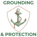 Green anchor with rope on a beige shield, surrounded by 'GROUNDING & PROTECTION' text.