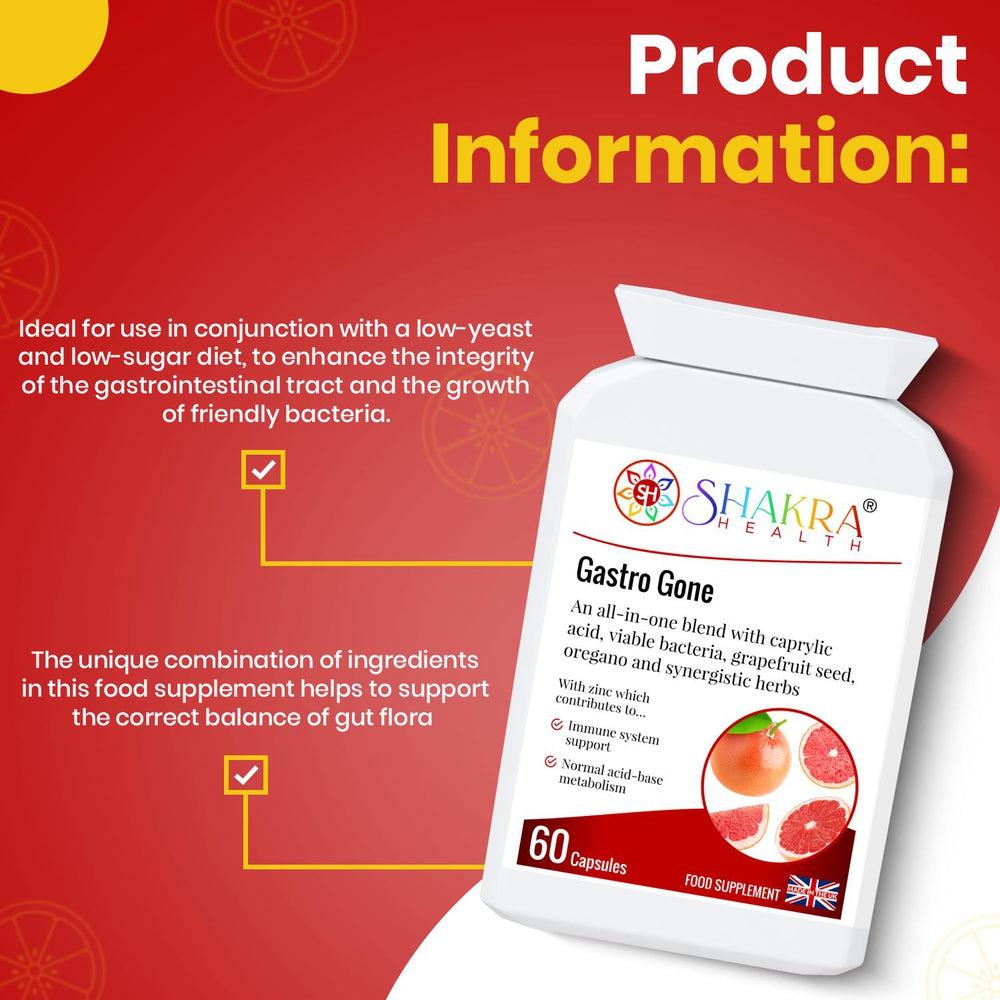 Buy Gastro Gone | All-in-One Yeast Balance, Anti-Candida, Healthy Gut & Detox Supporting Formula - Gastro Gone is an all-in-one yeast balance, digestive health, cleanse and detox supplement. The unique combination of ingredients in this food supplement helps to support the correct balance of gut flora (bacteria and yeasts), along with the integrity of the gastrointestinal tract and the growth of friendly bacteria. at Sacred Remedy Online