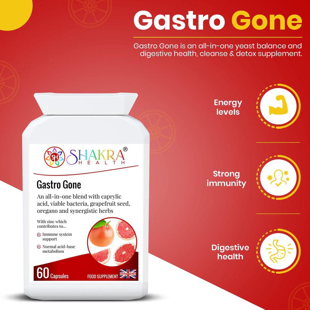 Buy Gastro Gone | All-in-One Yeast Balance, Anti-Candida, Healthy Gut & Detox Supporting Formula - Gastro Gone is an all-in-one yeast balance, digestive health, cleanse and detox supplement. The unique combination of ingredients in this food supplement helps to support the correct balance of gut flora (bacteria and yeasts), along with the integrity of the gastrointestinal tract and the growth of friendly bacteria. at Sacred Remedy Online