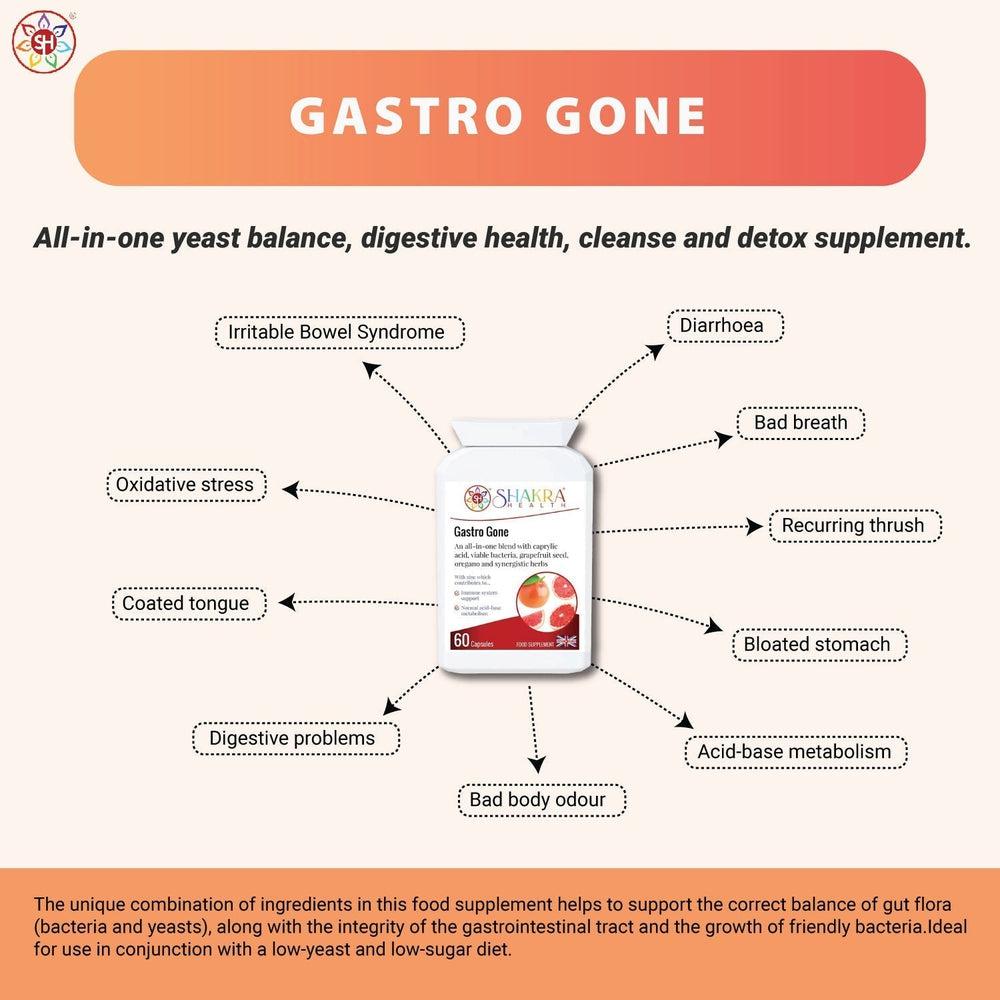 Buy Gastro Gone | All-in-One Yeast Balance, Anti-Candida, Healthy Gut & Detox Supporting Formula - Gastro Gone is an all-in-one yeast balance, digestive health, cleanse and detox supplement. The unique combination of ingredients in this food supplement helps to support the correct balance of gut flora (bacteria and yeasts), along with the integrity of the gastrointestinal tract and the growth of friendly bacteria. at Sacred Remedy Online