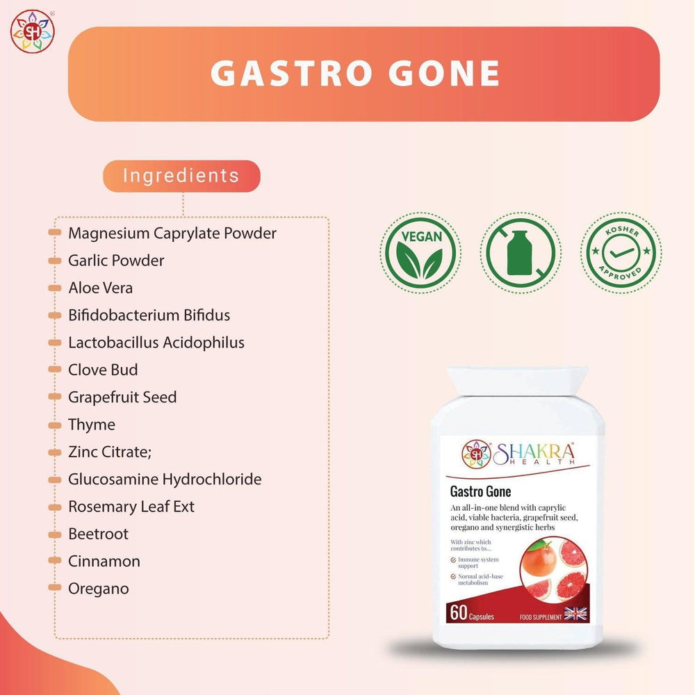 Buy Gastro Gone | All-in-One Yeast Balance, Anti-Candida, Healthy Gut & Detox Supporting Formula - Gastro Gone is an all-in-one yeast balance, digestive health, cleanse and detox supplement. The unique combination of ingredients in this food supplement helps to support the correct balance of gut flora (bacteria and yeasts), along with the integrity of the gastrointestinal tract and the growth of friendly bacteria. at Sacred Remedy Online