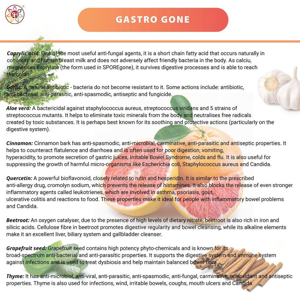 Buy Gastro Gone | All-in-One Yeast Balance, Anti-Candida, Healthy Gut & Detox Supporting Formula - Gastro Gone is an all-in-one yeast balance, digestive health, cleanse and detox supplement. The unique combination of ingredients in this food supplement helps to support the correct balance of gut flora (bacteria and yeasts), along with the integrity of the gastrointestinal tract and the growth of friendly bacteria. at Sacred Remedy Online