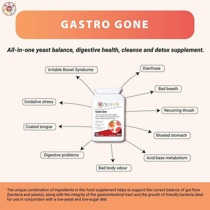 Gastro Gone | All-in-One Yeast Balance, Anti-Candida, Healthy Gut & Detox Supporting Formula - Gastro Gone is an all-in-one yeast balance, digestive health, cleanse and detox supplement. The unique combination of ingredients in this food supplement helps to support the correct balance of gut flora (bacteria and yeasts), along with the integrity of the gastrointestinal tract and the growth of friendly bacteria. Buy Now at Sacred Remedy