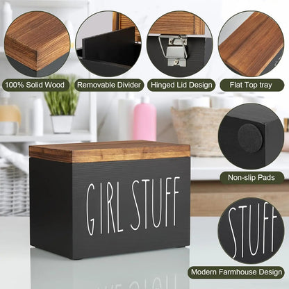 Discreet Wooden Feminine Hygiene Storage Box | Tampon & Pad Organizer - Shop this elegant wooden storage box for feminine hygiene. Discreetly stores tampons, pads, and liners. Features a hinged lid, sleek black finish, and subtle charm. Buy Now at Sacred Remedy