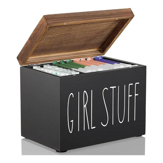 Girl Stuff | Feminine Hygiene Tampon / Pads Storage Box - Tired of unsightly tampon and pad boxes cluttering your bathroom? This beautifully crafted box keeps your essential feminine products organized and accessible. Buy Now at Sacred Remedy