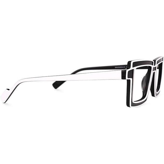 Buy Full Rim, Rectangle EyeGlasses | Black & White Lightweight - Experience timeless style and modern comfort with these Black & White Full Rim Rectangle Eyeglasses. Crafted from premium acetate, these glasses boast a lightweight design (only 23.6g!) that ensures comfortable wear all day long. at Sacred Remedy Online