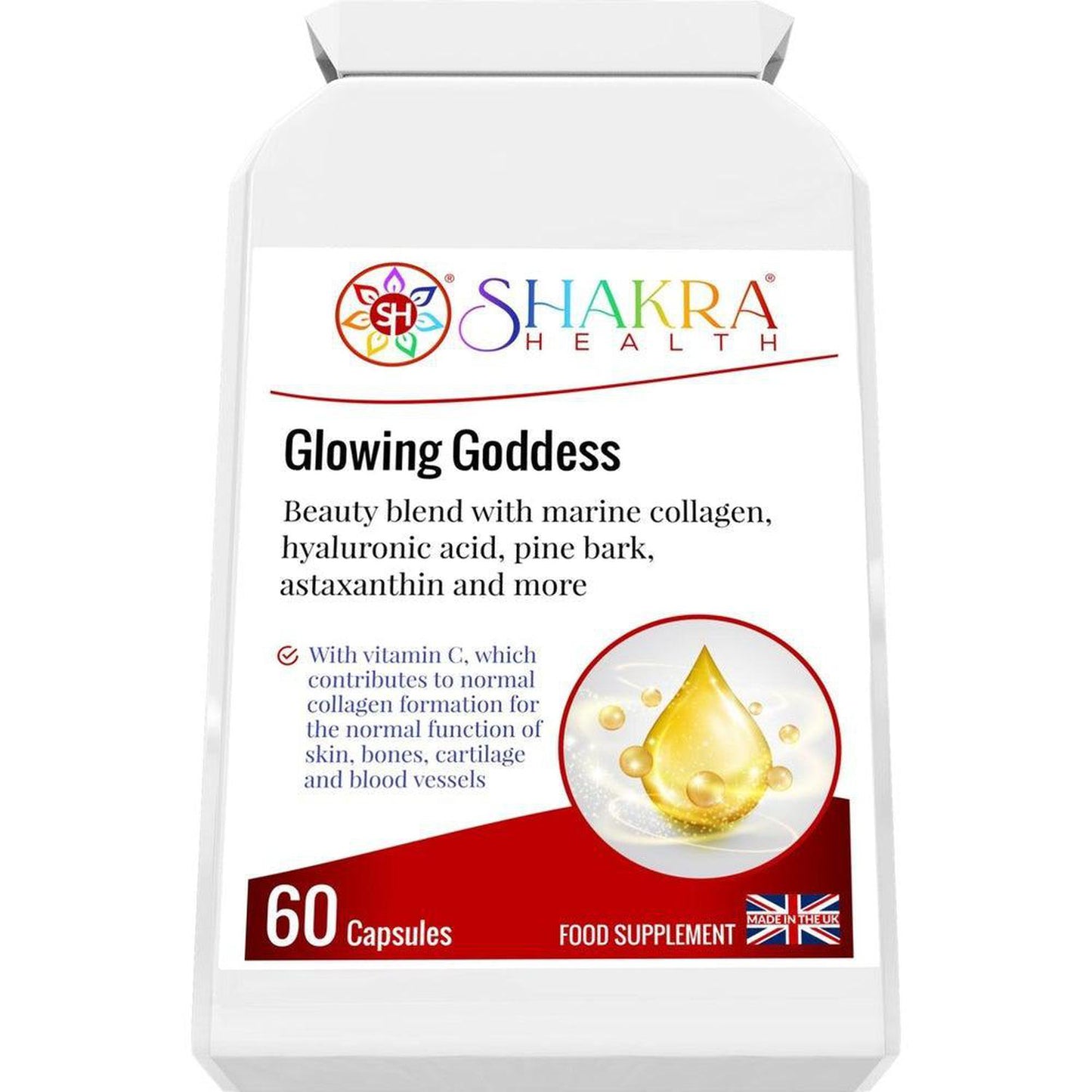 Glowing Goddess Ultimate Marine Collagen with Hyaluronic Acid plus Vitamins & Minerals - A tailored combination of marine collagen, as well as a clever vitamin, mineral, herbal and nutrient complex that is designed to work from within to help protect the body on a cellular level against ageing and oxidative stress. These synergistic ingredients also help to keep skin elastic, radiant and supple. Buy Now at Sacred Remedy