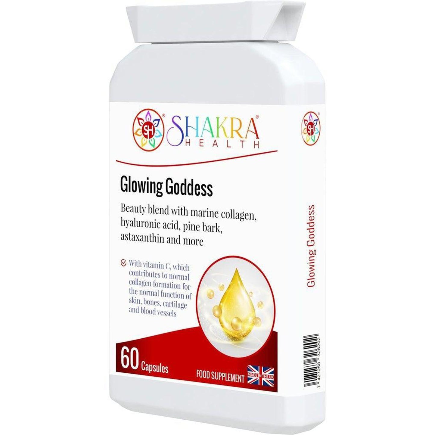 Glowing Goddess Ultimate Marine Collagen with Hyaluronic Acid plus Vitamins & Minerals - A tailored combination of marine collagen, as well as a clever vitamin, mineral, herbal and nutrient complex that is designed to work from within to help protect the body on a cellular level against ageing and oxidative stress. These synergistic ingredients also help to keep skin elastic, radiant and supple. Buy Now at Sacred Remedy