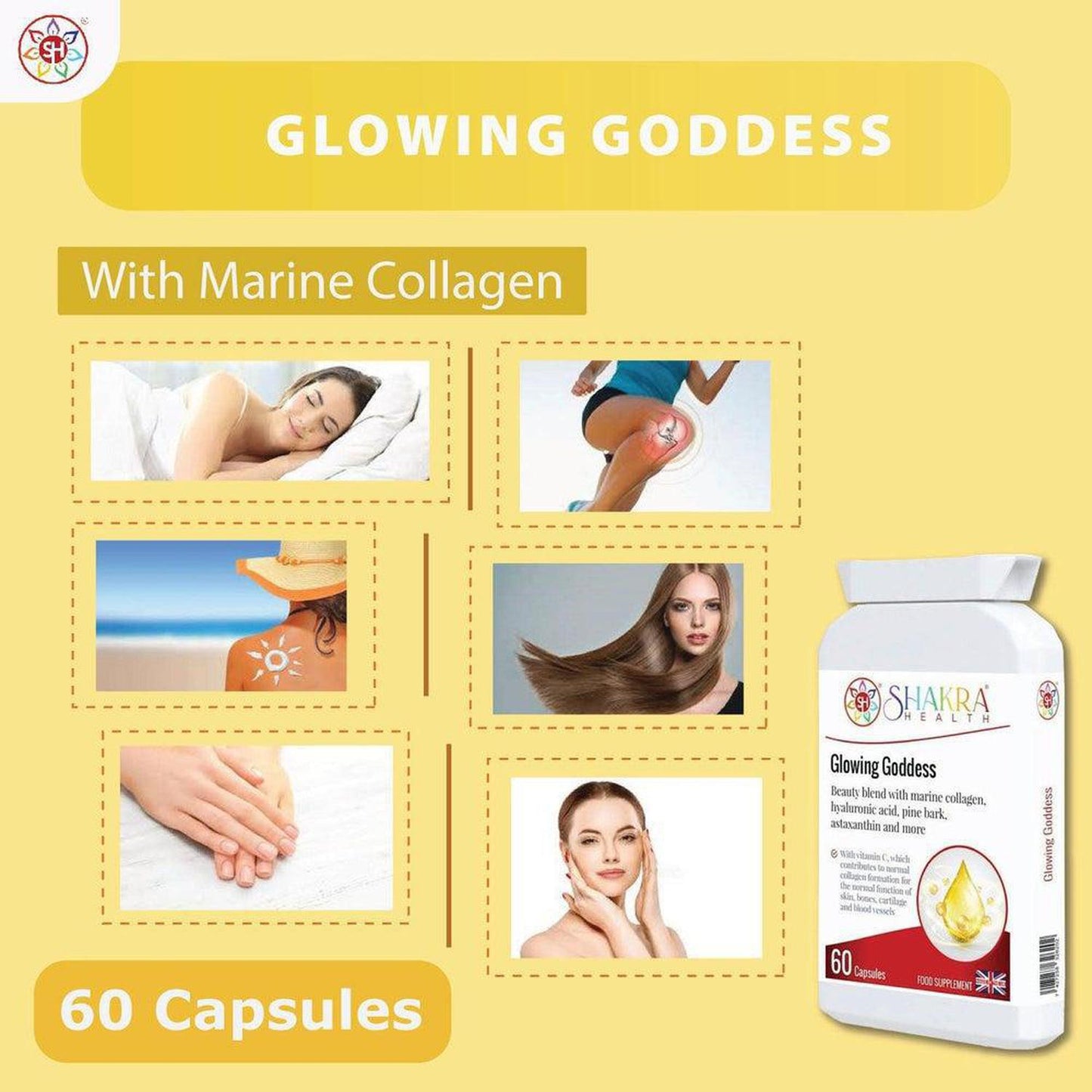 Glowing Goddess Ultimate Marine Collagen with Hyaluronic Acid plus Vitamins & Minerals - A tailored combination of marine collagen, as well as a clever vitamin, mineral, herbal and nutrient complex that is designed to work from within to help protect the body on a cellular level against ageing and oxidative stress. These synergistic ingredients also help to keep skin elastic, radiant and supple. Buy Now at Sacred Remedy