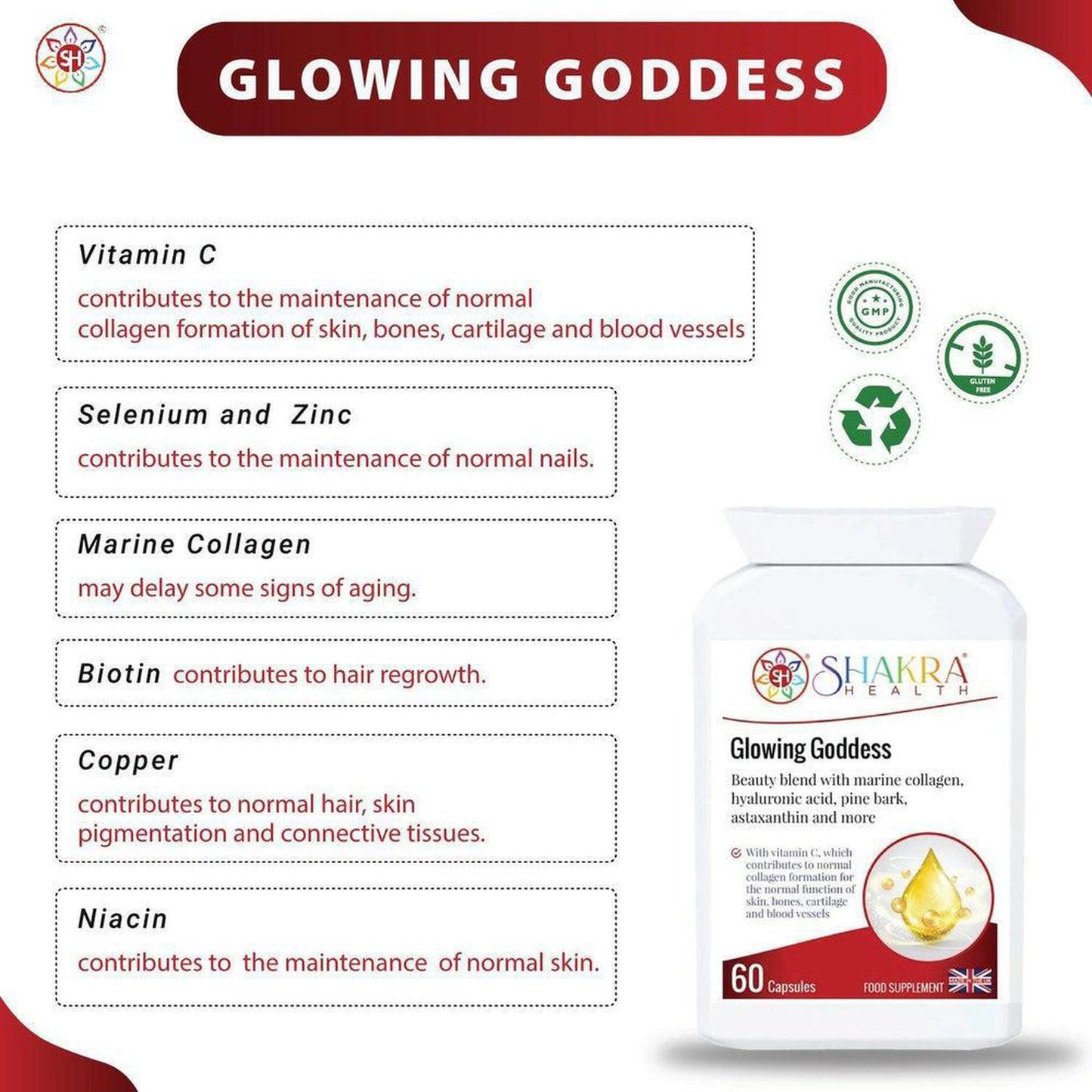 Glowing Goddess Ultimate Marine Collagen with Hyaluronic Acid plus Vitamins & Minerals - A tailored combination of marine collagen, as well as a clever vitamin, mineral, herbal and nutrient complex that is designed to work from within to help protect the body on a cellular level against ageing and oxidative stress. These synergistic ingredients also help to keep skin elastic, radiant and supple. Buy Now at Sacred Remedy