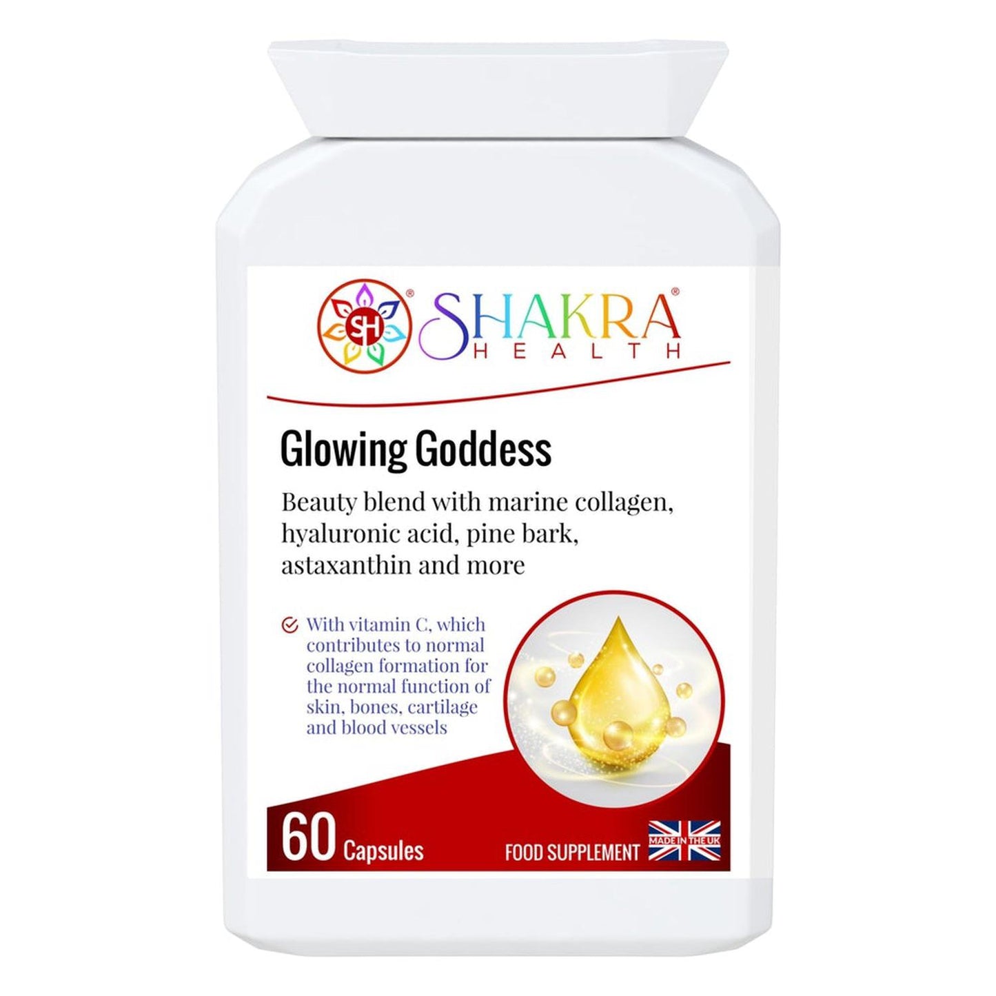 Glowing Goddess Ultimate Marine Collagen with Hyaluronic Acid plus Vitamins & Minerals - A tailored combination of marine collagen, as well as a clever vitamin, mineral, herbal and nutrient complex that is designed to work from within to help protect the body on a cellular level against ageing and oxidative stress. These synergistic ingredients also help to keep skin elastic, radiant and supple. Buy Now at Sacred Remedy