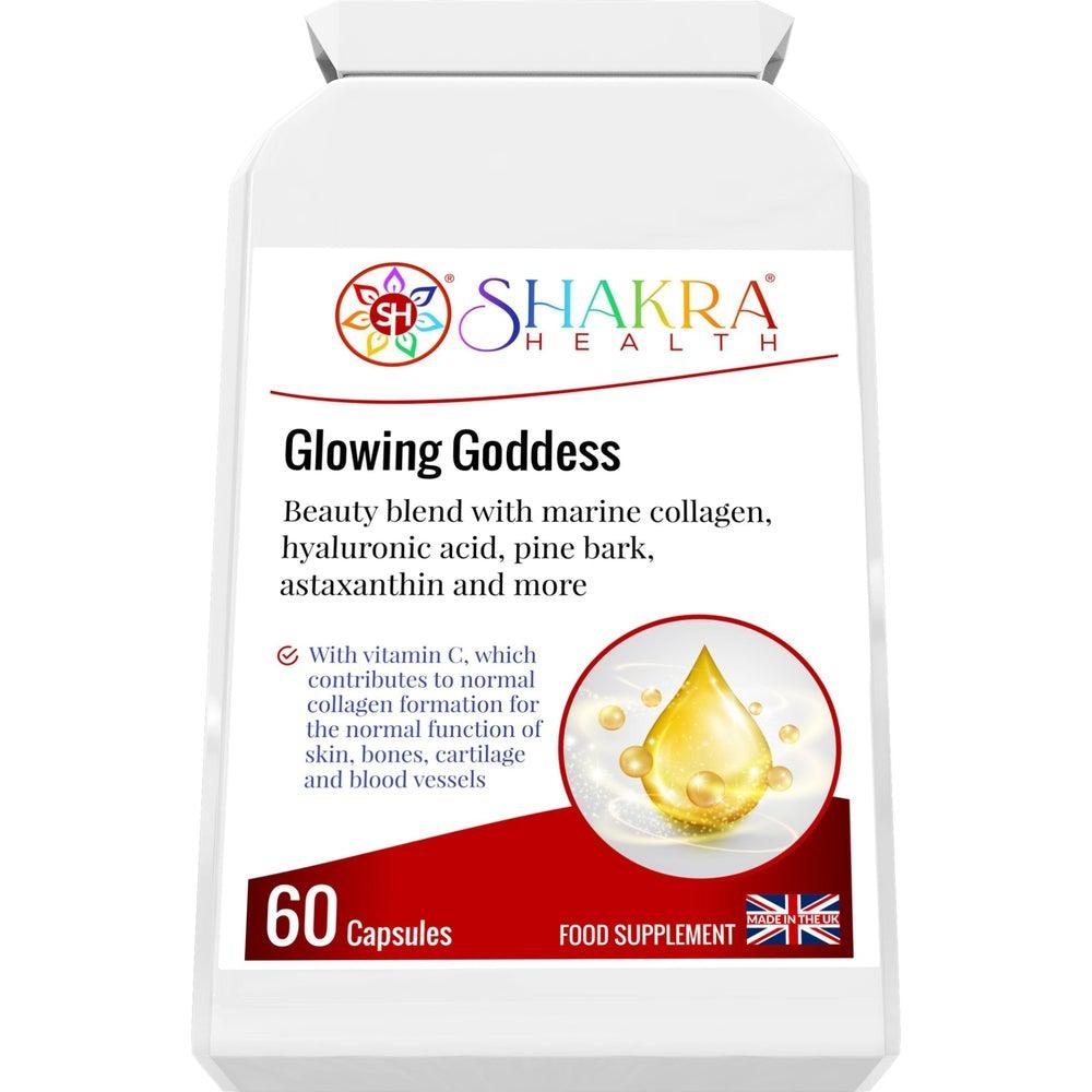 Buy Glowing Goddess Ultimate Marine Collagen with Hyaluronic Acid plus Vitamins & Minerals - A tailored combination of marine collagen, as well as a clever vitamin, mineral, herbal and nutrient complex that is designed to work from within to help protect the body on a cellular level against ageing and oxidative stress. These synergistic ingredients also help to keep skin elastic, radiant and supple. at Sacred Remedy Online