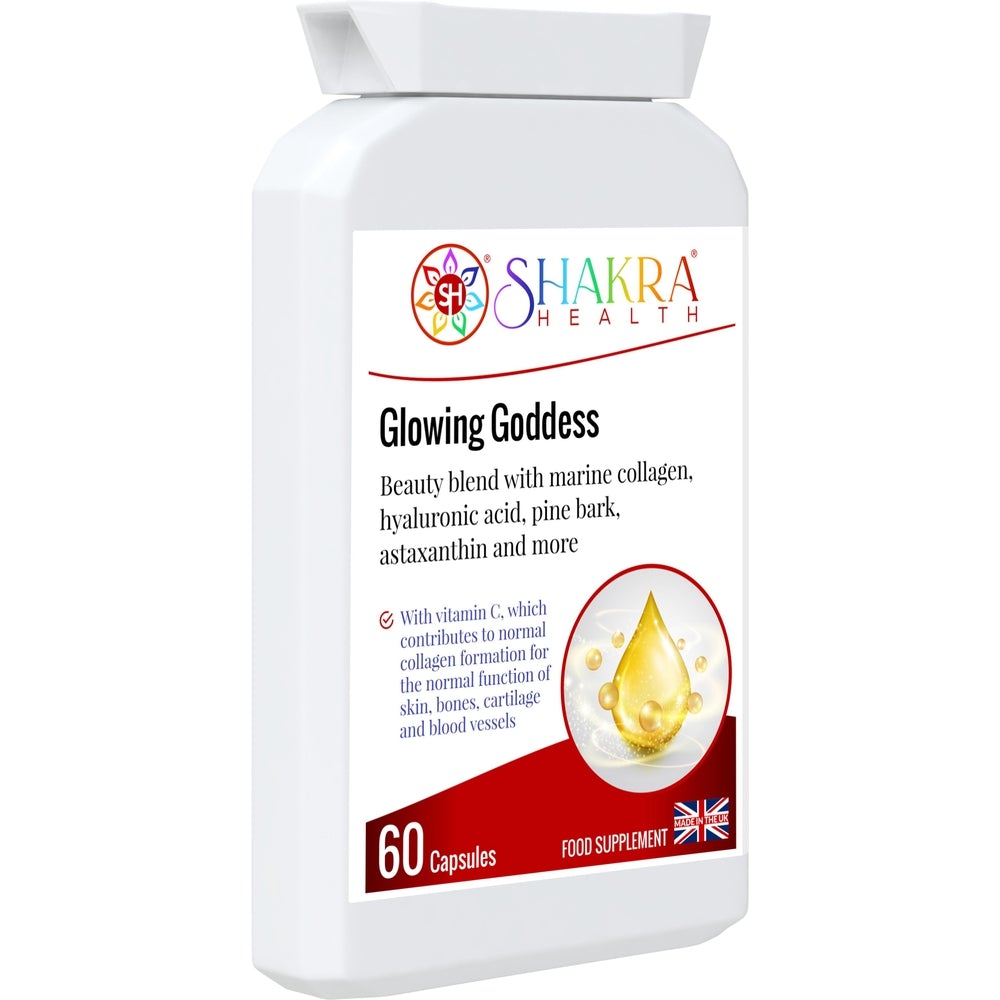 Buy Glowing Goddess Ultimate Marine Collagen with Hyaluronic Acid plus Vitamins & Minerals - A tailored combination of marine collagen, as well as a clever vitamin, mineral, herbal and nutrient complex that is designed to work from within to help protect the body on a cellular level against ageing and oxidative stress. These synergistic ingredients also help to keep skin elastic, radiant and supple. at Sacred Remedy Online