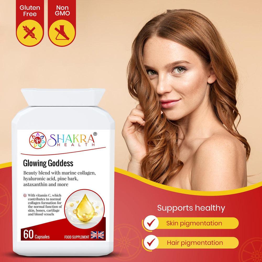 Buy Glowing Goddess Ultimate Marine Collagen with Hyaluronic Acid plus Vitamins & Minerals - A tailored combination of marine collagen, as well as a clever vitamin, mineral, herbal and nutrient complex that is designed to work from within to help protect the body on a cellular level against ageing and oxidative stress. These synergistic ingredients also help to keep skin elastic, radiant and supple. at Sacred Remedy Online