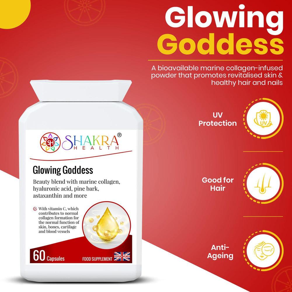 Buy Glowing Goddess Ultimate Marine Collagen with Hyaluronic Acid plus Vitamins & Minerals - A tailored combination of marine collagen, as well as a clever vitamin, mineral, herbal and nutrient complex that is designed to work from within to help protect the body on a cellular level against ageing and oxidative stress. These synergistic ingredients also help to keep skin elastic, radiant and supple. at Sacred Remedy Online