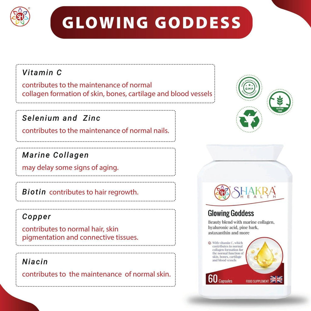 Buy Glowing Goddess Ultimate Marine Collagen with Hyaluronic Acid plus Vitamins & Minerals - A tailored combination of marine collagen, as well as a clever vitamin, mineral, herbal and nutrient complex that is designed to work from within to help protect the body on a cellular level against ageing and oxidative stress. These synergistic ingredients also help to keep skin elastic, radiant and supple. at Sacred Remedy Online