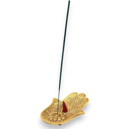 Gold Hamsa Hand Incense Holder | Spiritual Ash Catcher - Shield your space with our Gold Hamsa Hand Incense Holder. A 13cm aluminium ash catcher designed for meditation, yoga, and home protection. Shop spiritual decor at Sacred Remedy. Buy Now at Sacred Remedy