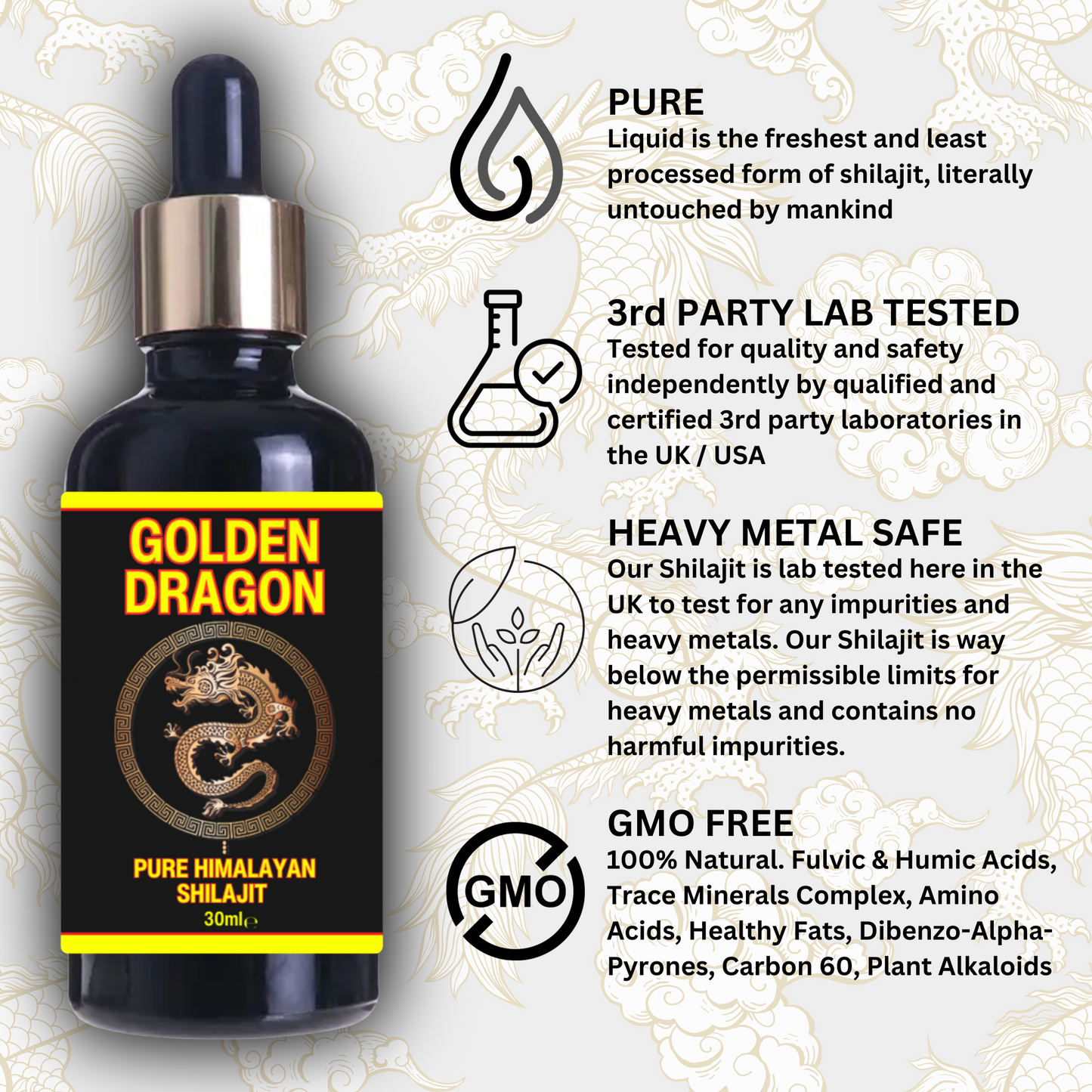 Buy Golden Dragon 30ml Himalayan Shilajit Liquid Drops Tincture Pure Mineral Resin Dropper Bottle. Potent, Ayurvedic & High Strength - Unlike cheaper alternatives, Golden Dragon Shilajit is tested against heavy metals, vapourised & extracted with nothing other than purified water & no other elements, to ensure a safe and pure product. Golden Dragon Shilajit is a plant-based mineral complex that is known to have over 85 different minerals and trace elements in an ionic and bioavailable form. Shilajit also co