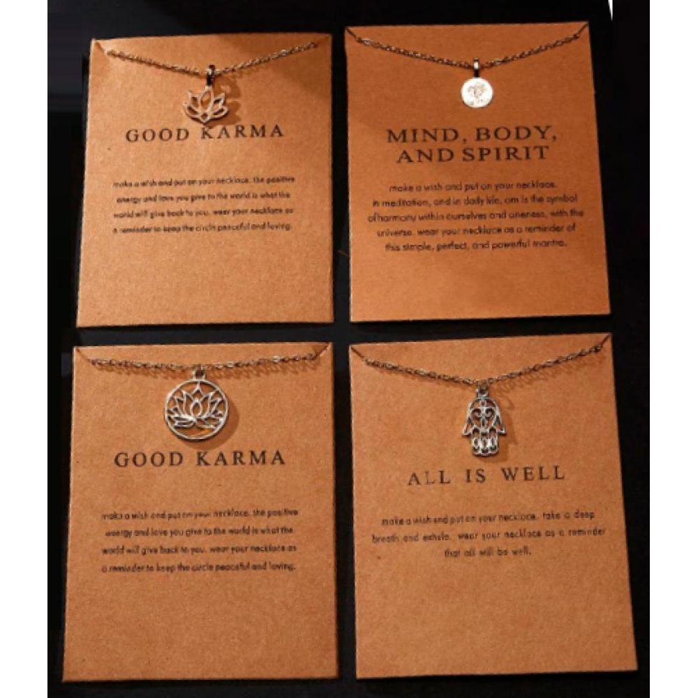 Buy Good Karma Necklaces Gold Hamsa Hand, Om, Lotus, Jewelery Gifts - Good Karma Necklaces are based on the Law of Attraction. By wearing them, you're keeping Good Karma close to your heart and soul - It helps to remind us of what is important. And yes, a simple piece of minimalist jewelery that you wear each day can be your reminder of what is important to you! at Sacred Remedy Online