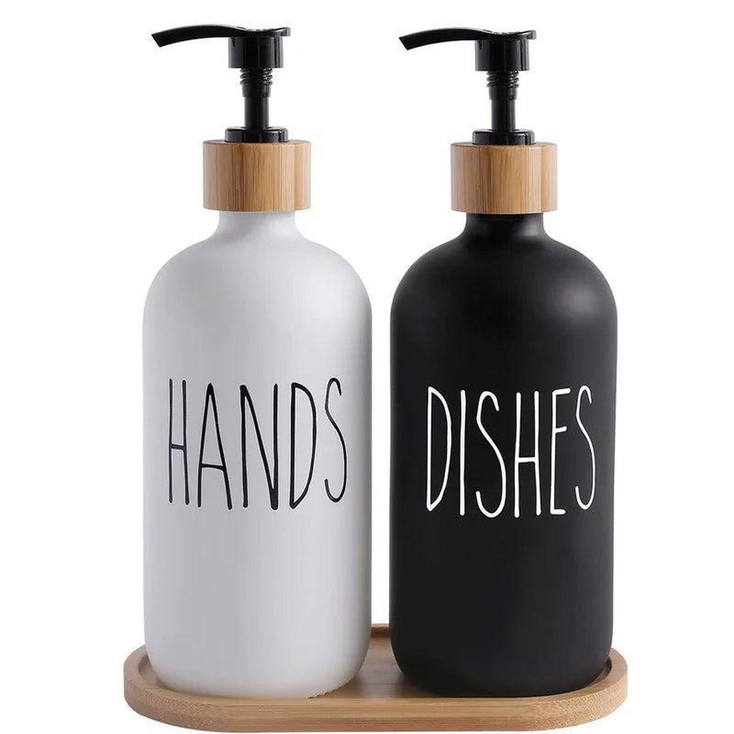  - Two refillable bottles; white labeled "Hands" and sleek black labeled "Dishes," plus a bamboo tray. Keep your soap readily accessible and beautifully displayed. Buy Now at Sacred Remedy