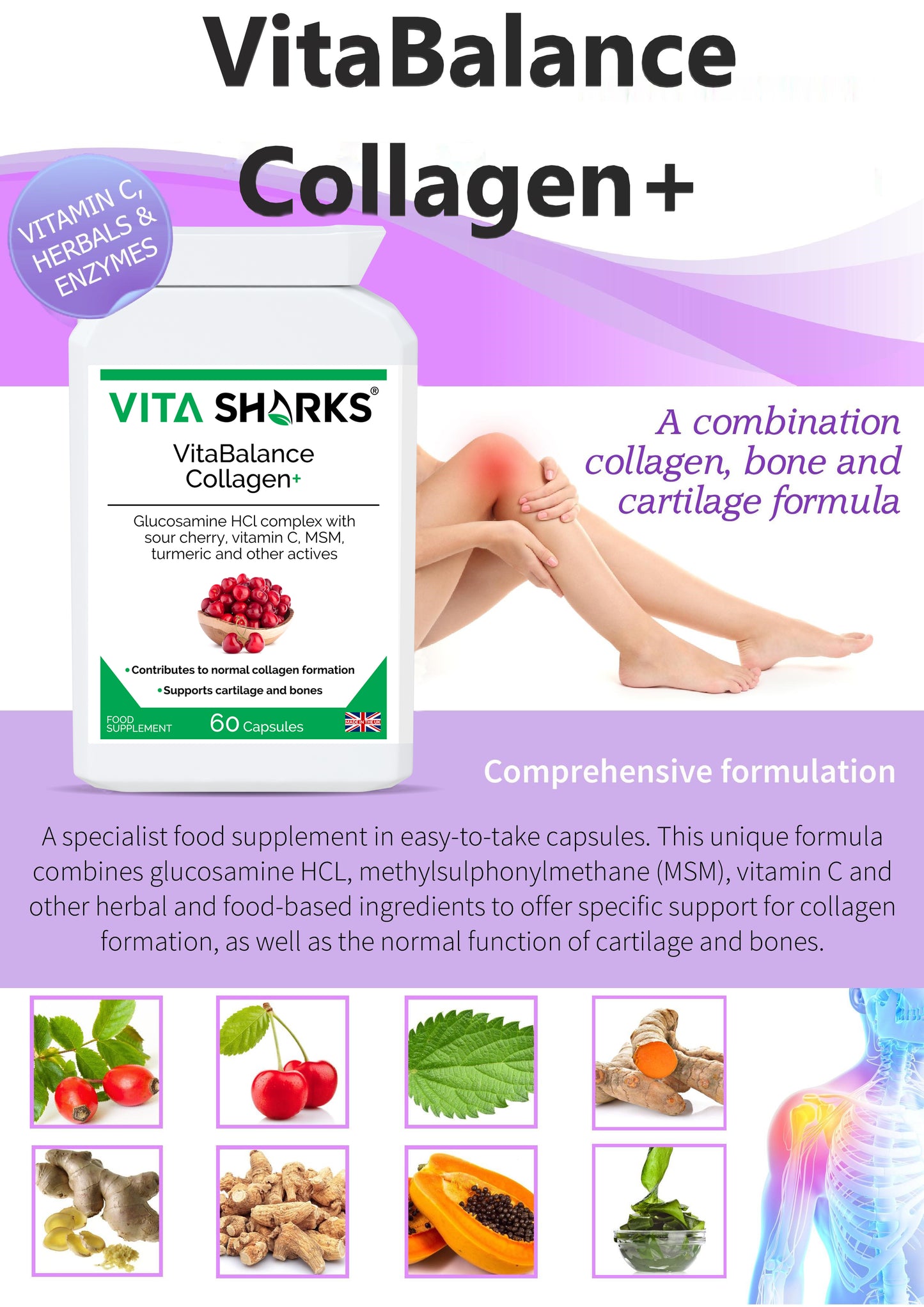 Buy VitaBalance Collagen+ | Bone, Cartilage, Hair, Skin, Nails & Joint Support Supplement - VitaBalance Collagen+ is a health supplement for joint, collagen, bone, cartilage & an all-round flexibility support formula, which contains a special blend of food-based & herbal ingredients. Not many people think about nourishing their skeleton. Find out why you should. at Sacred Remedy Online