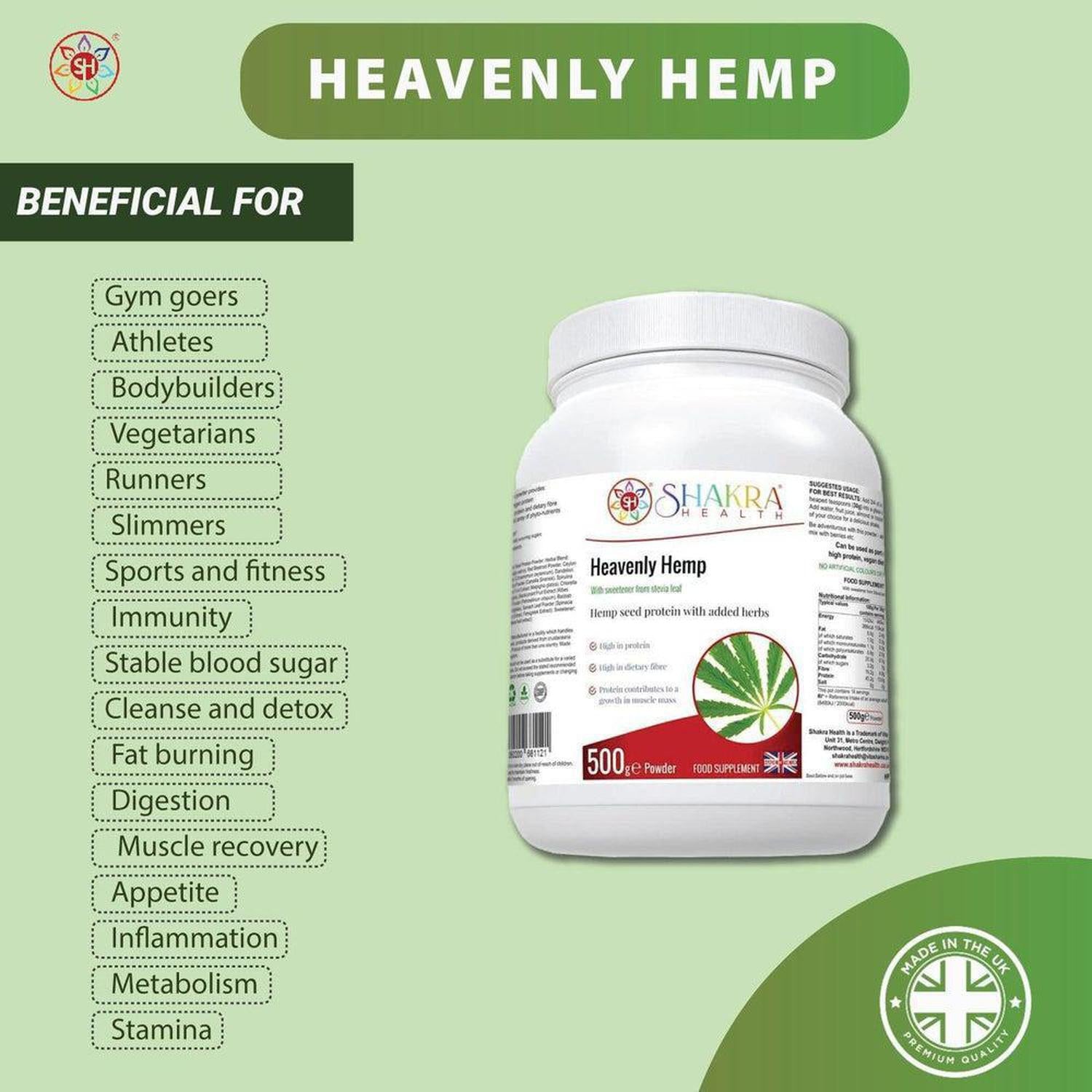 Heavenly Hemp | Hemp Seed & Superfood High in Dietary Fibre - Complete, balanced vegan protein powder from Hemp Seed. Contains all 21 amino acids, Omega 3:6 balance & 15 superfoods for energy, gut, and heart health. Buy Now at Sacred Remedy